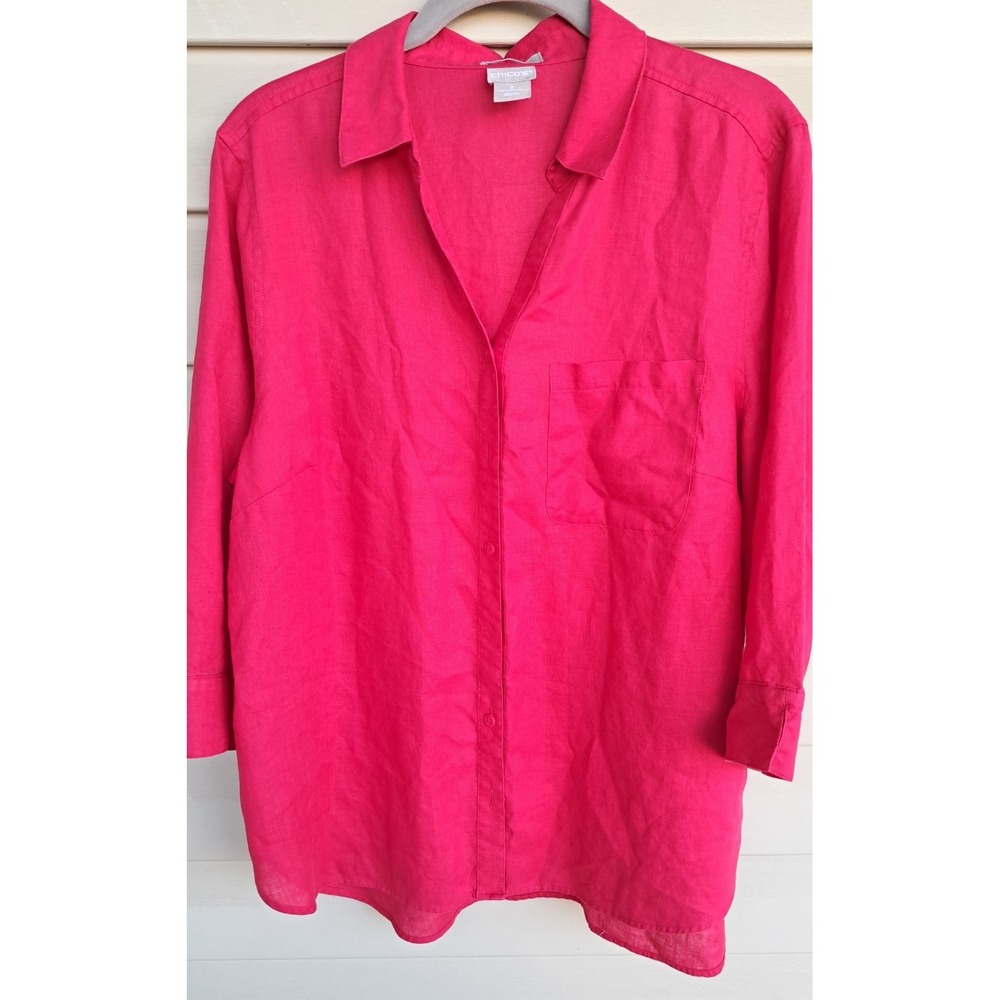 Chicos Womens Size 2 L 12-14 Red Linen Shirt No Iron 3/4 Sleeve Button Front Top